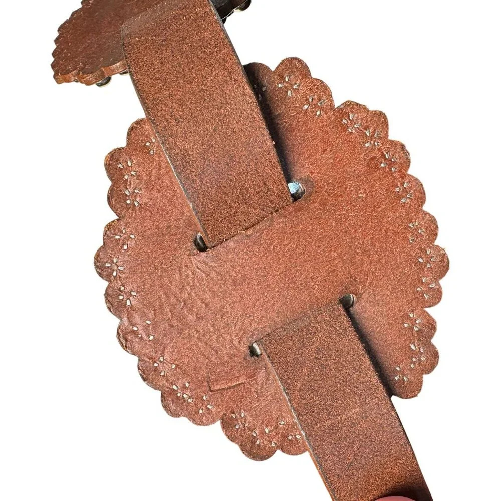Vintage 80s Leather Concho Belt Brown Silver Hardware Heavy Western Large - Picture 4 of 10